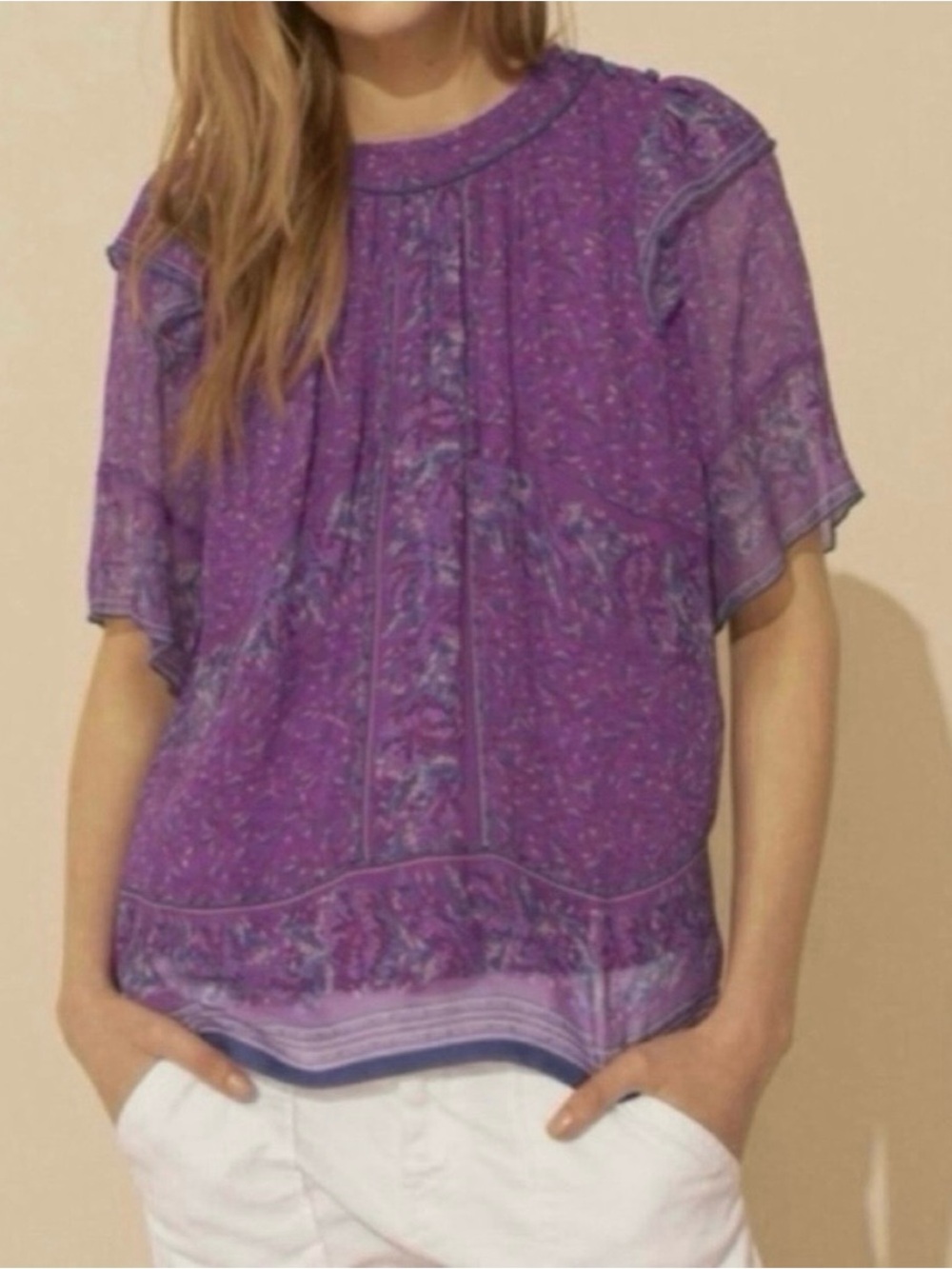 Ba&Sh Moccha Printed Short Sleeve Ruffled Top In Fuschia